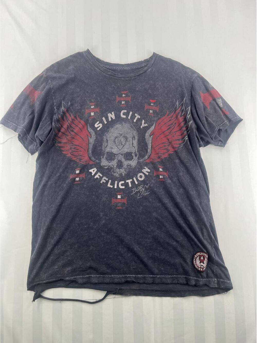 Affliction Sin City American Custom Skull Graphic T-Shirt Medium Black Red